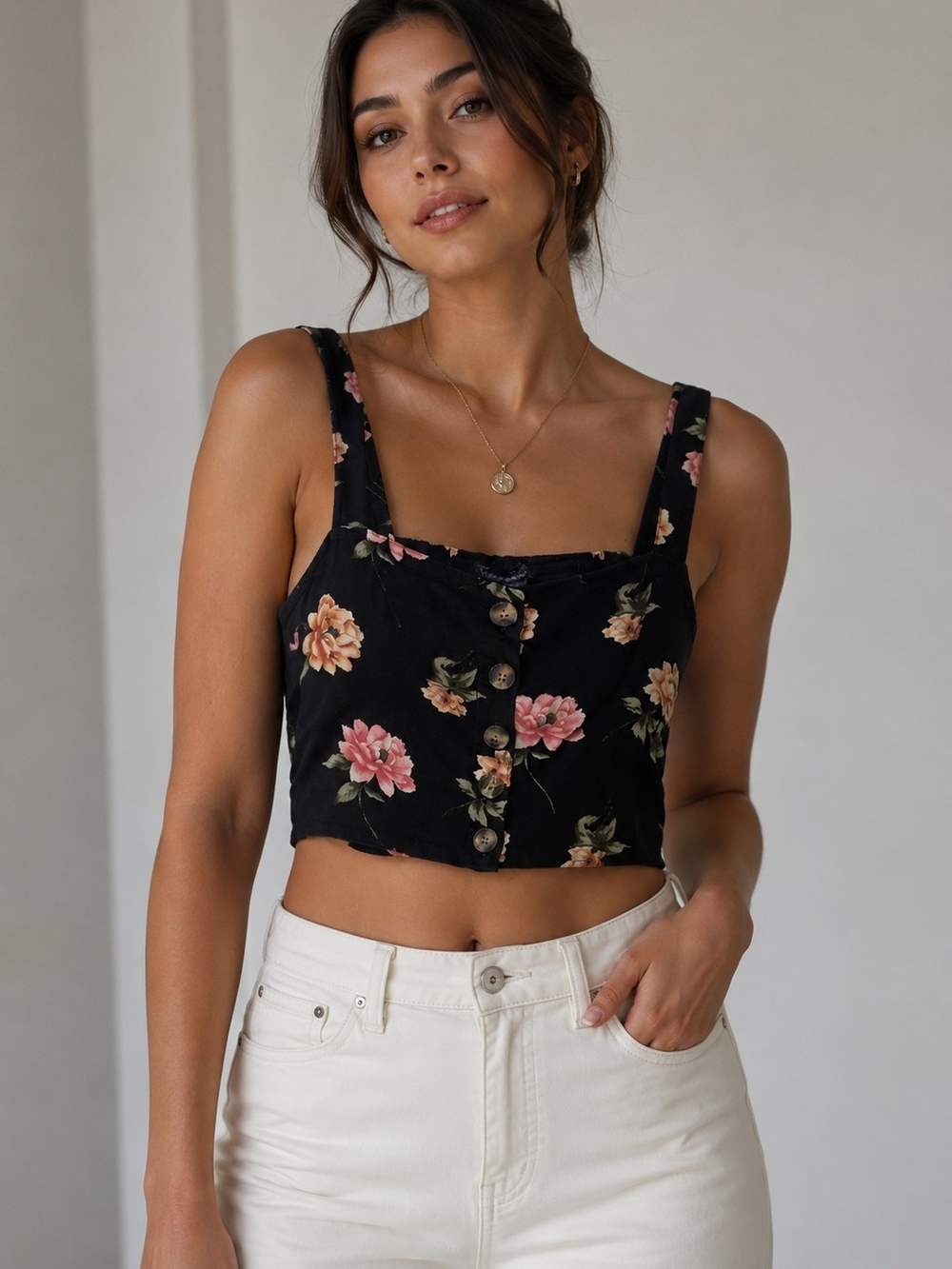 American Age Black Floral Button-Front Cropped Tank